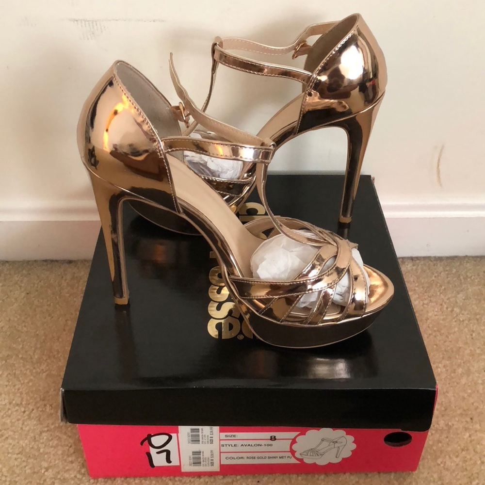 Gold peep toe t-strap heels